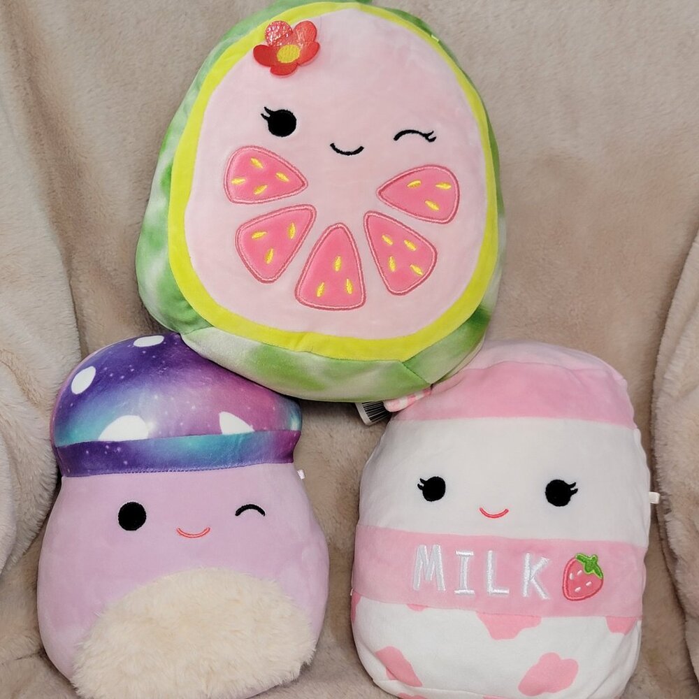 3 Squishmallows - Minya Mushroom - Amelie Strawberry Milk - Lena Guava Fruit